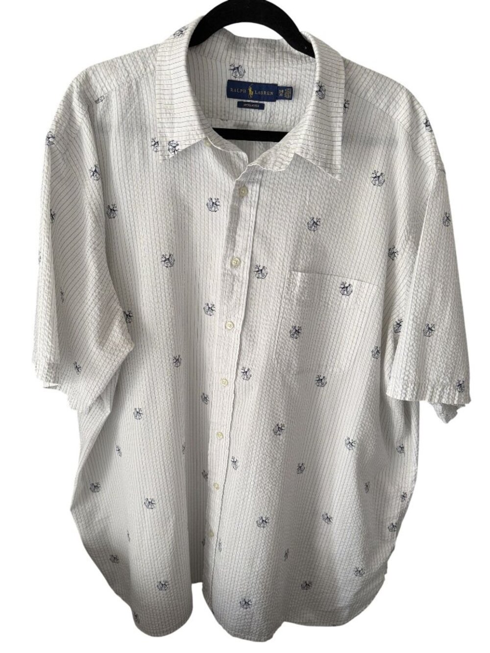 Ralph Lauren Mens 2XB Seersucker Short Sleeve Shirt White Navy Anchor Dog - Picture 1 of 6